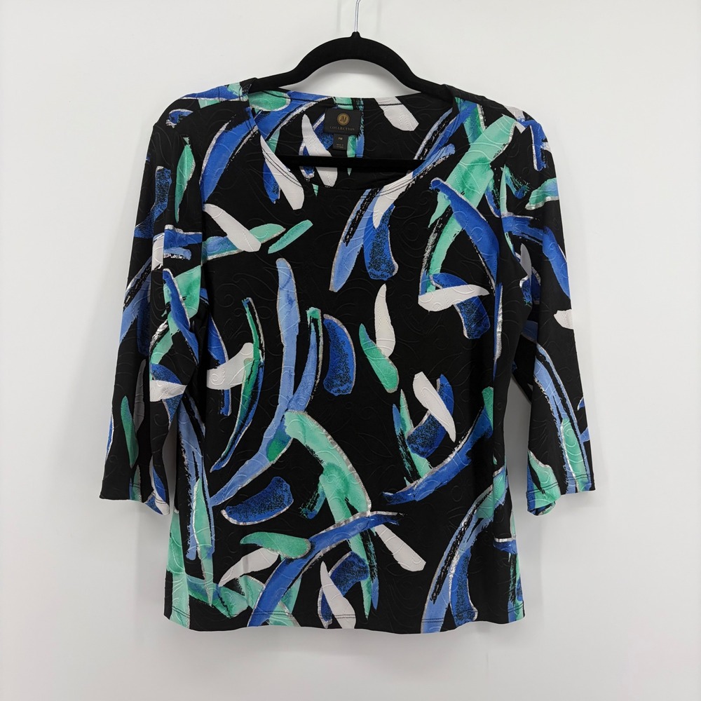 JM Collection Women's Black Blue‎ Green Abstract Print 3/4 Sleeve Top Size PM